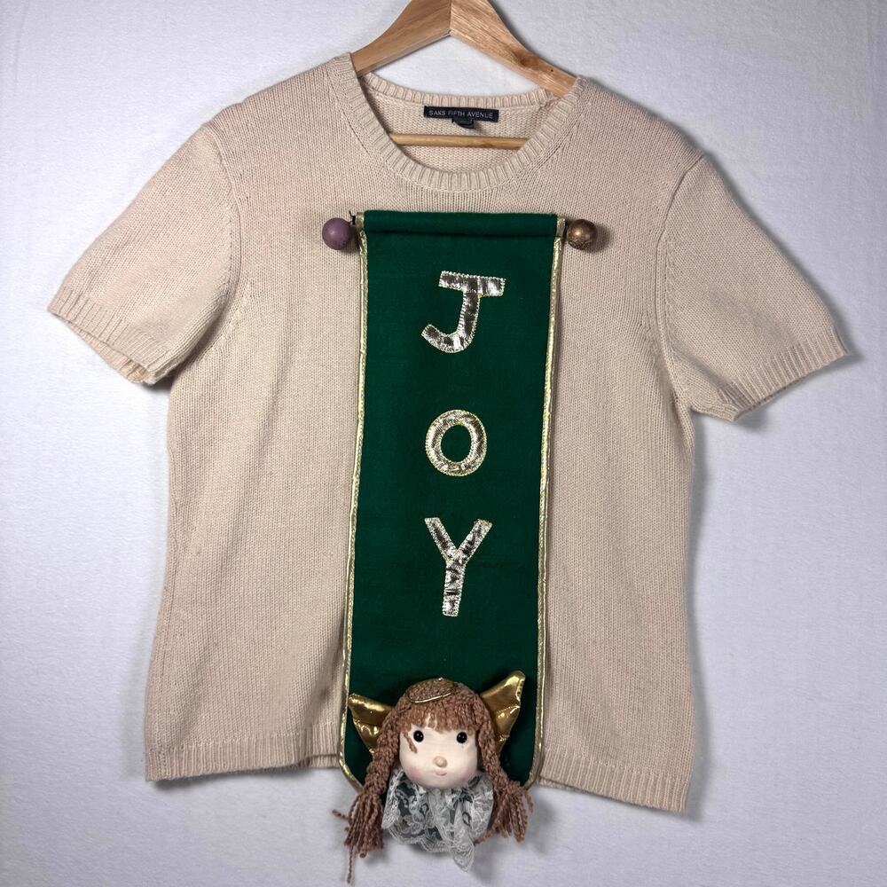 SAKS FIFTH AVENUE Joy Ugly Christmast Sweater 100% Cashmere Size XL Short Sleeve
